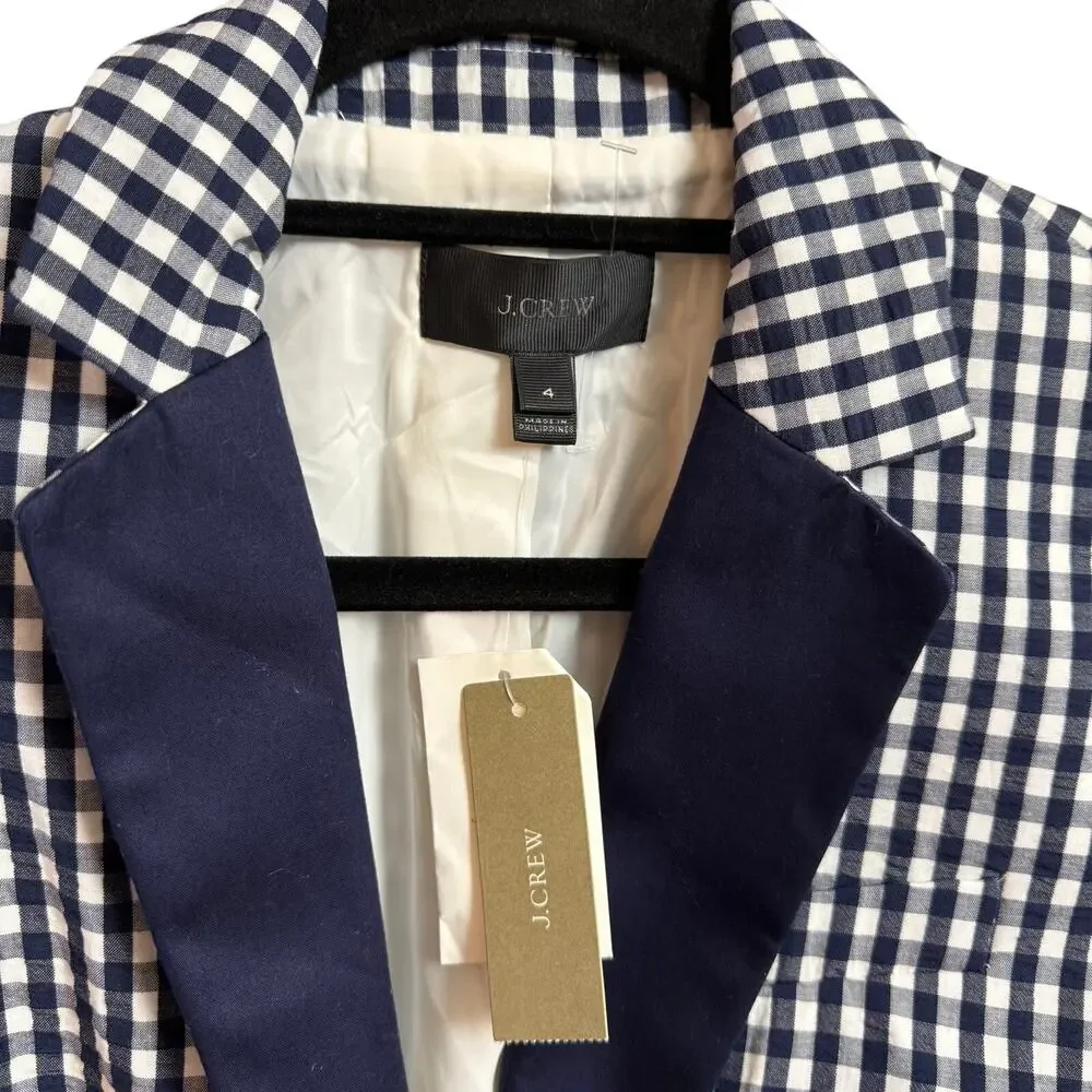 J.Crew Blazer Size 4 NWT Navy White Gingham Check Cotton Contrast Lapel Jacket